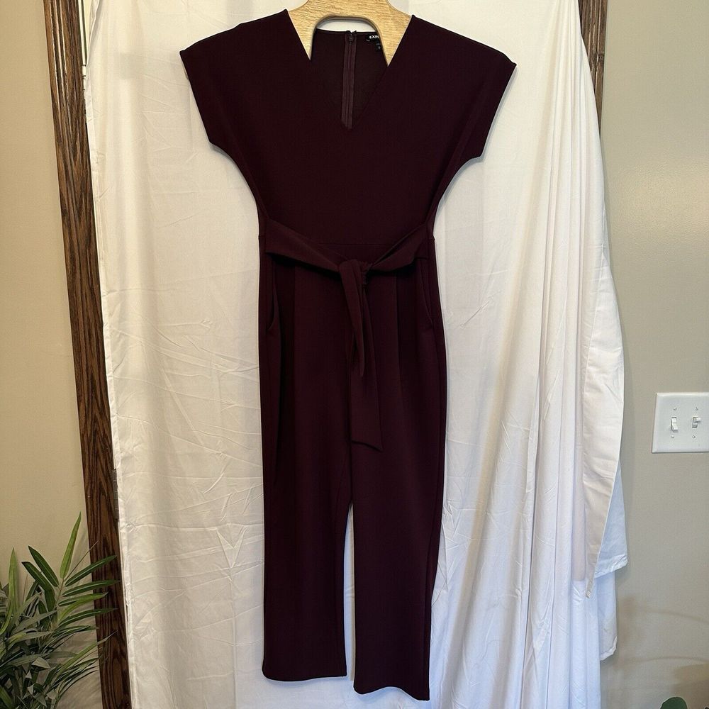 Express Medium Jumpsuit Full Length‎ Burgundy Short Sleeve Pockets Bow Tie Front